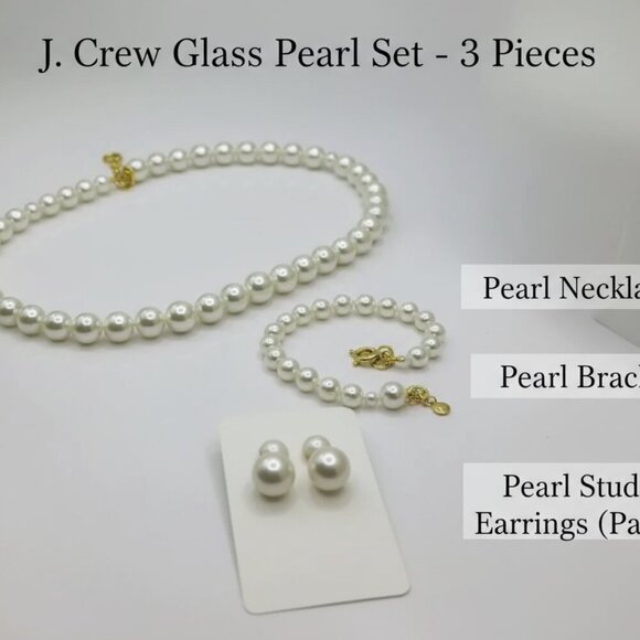 J. Crew Glass Pearl Bundle with Necklace Earrings Bracelet Goldtone Jewelry Set